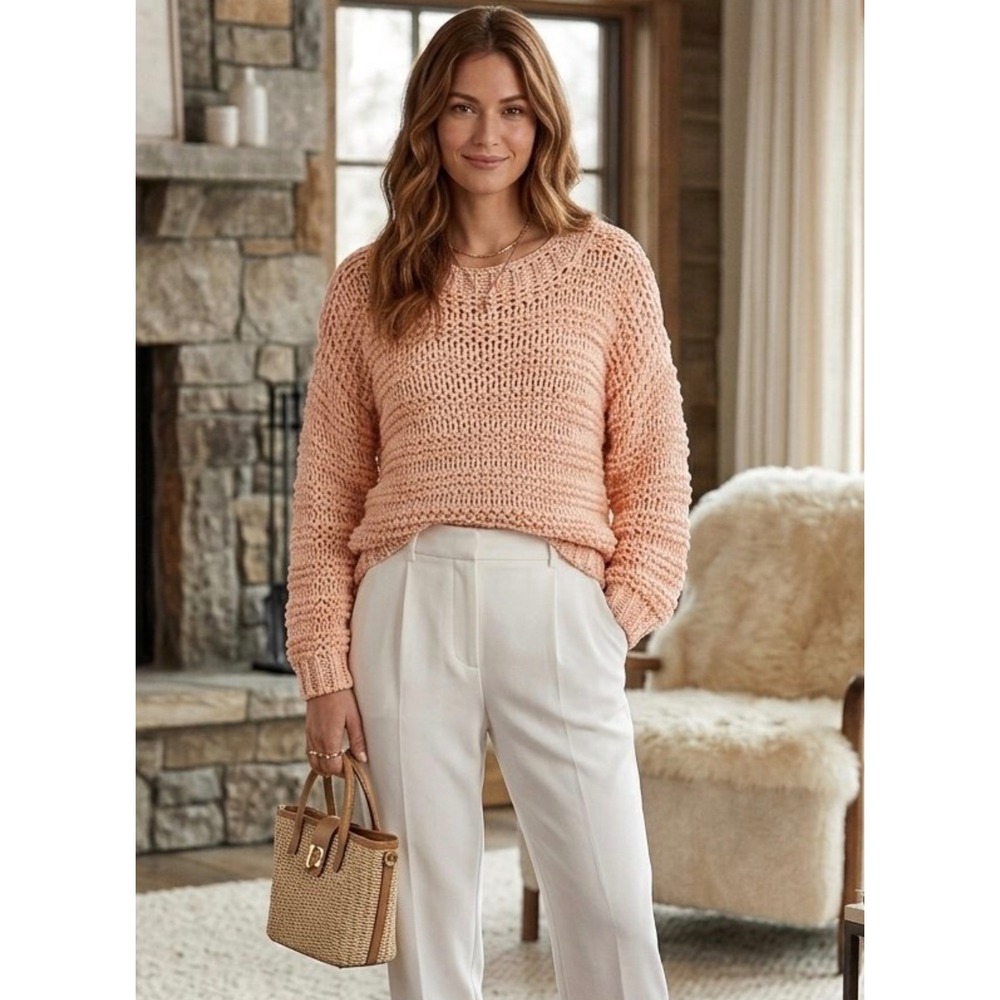 Fabiana Filippi Open Knit Cotton Blend Sweater Pullover Boho Chic Peach Large